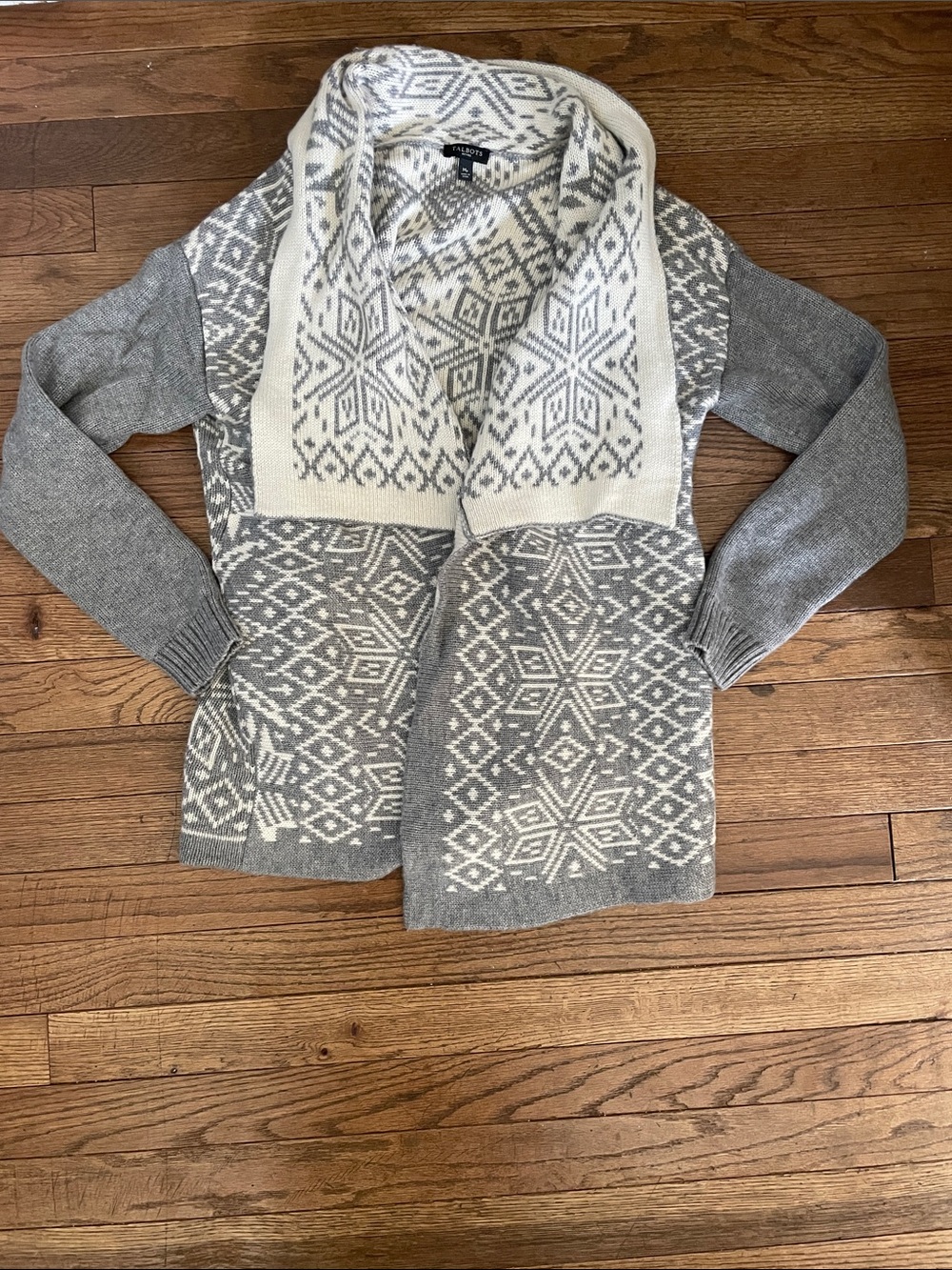 Talbots Grey & Cream Fair Isle Open Cardigan Sweater Petite